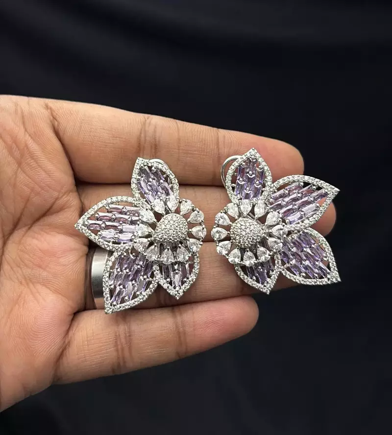 Lavender Floral Crystal Necklace Earrings Set, Purple CZ Flower Bridal Jewelry