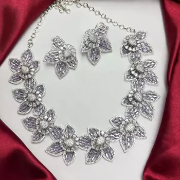 Lavender Floral Crystal Necklace Earrings Set, Purple CZ Flower Bridal Jewelry 4