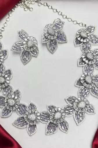 Lavender Floral Crystal Necklace Earrings Set, Purple CZ Flower Bridal Jewelry