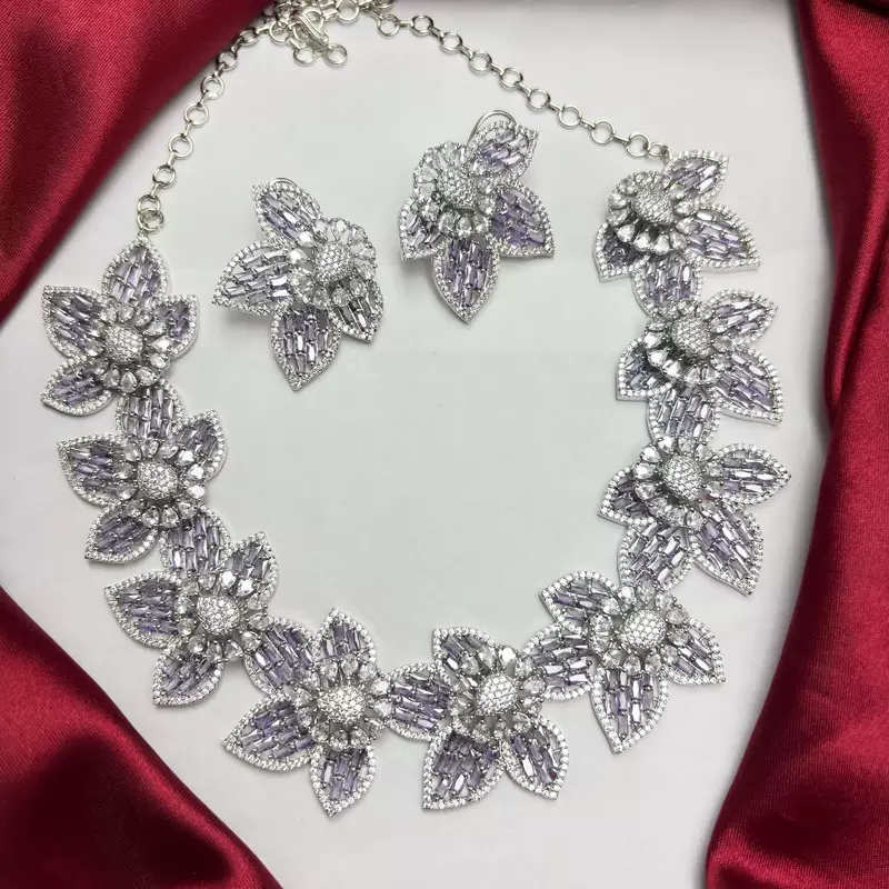Lavender Floral Crystal Necklace Earrings Set, Purple CZ Flower Bridal Jewelry