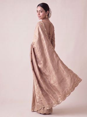 alluring embroidery work with real bits work banarasi silk blend indian designer wedding saree 3