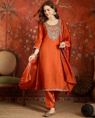 Rust embroidered silk blend 3-piece suit set 1