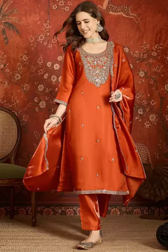 Rust embroidered silk blend 3-piece suit set
