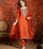 Rust embroidered silk blend 3-piece suit set