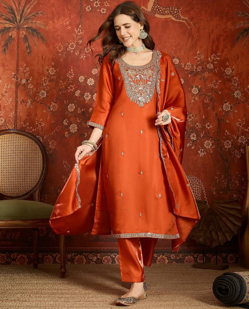 Rust embroidered silk blend 3-piece suit set