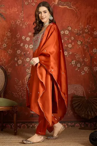Rust embroidered silk blend 3-piece suit set