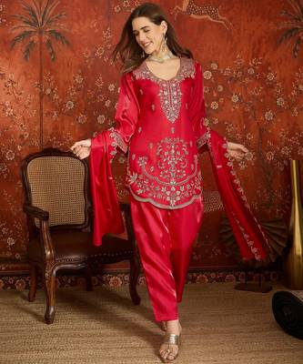 Fuchsia pink embroidered silk blend 3-piece suit set 1