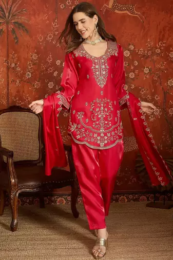 Fuchsia pink embroidered silk blend 3-piece suit set
