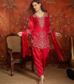 Fuchsia pink embroidered silk blend 3-piece suit set
