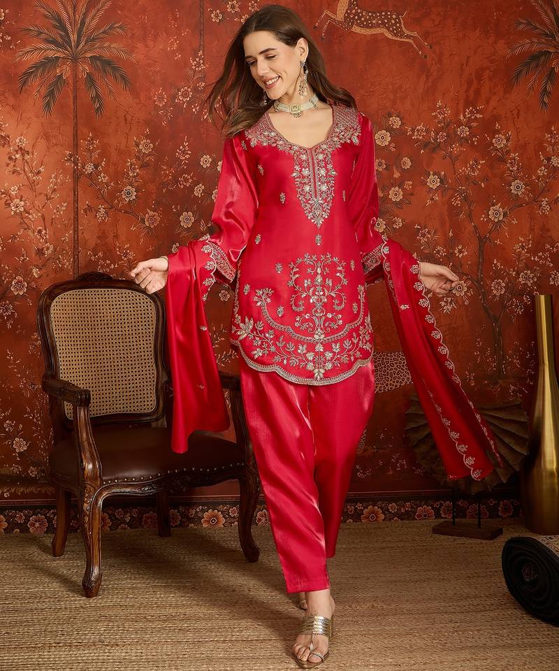 Fuchsia pink embroidered silk blend 3-piece suit set