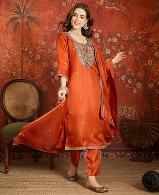 Rust embroidered silk blend 3-piece suit set 3