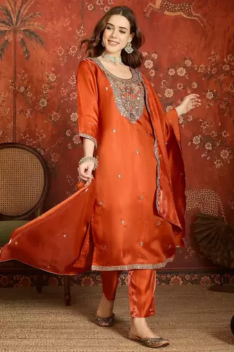 Rust embroidered silk blend 3-piece suit set