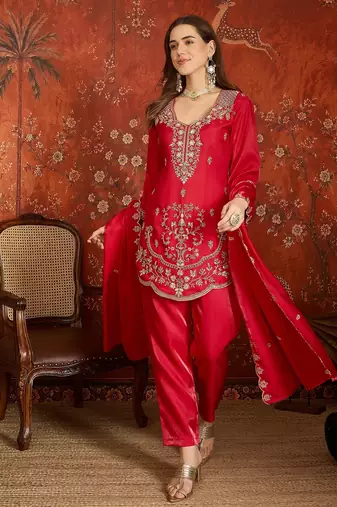 Fuchsia pink embroidered silk blend 3-piece suit set