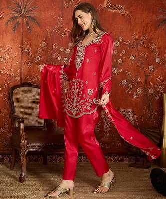 Fuchsia pink embroidered silk blend 3-piece suit set 3