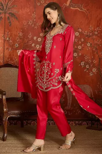 Fuchsia pink embroidered silk blend 3-piece suit set