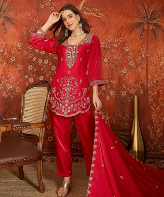 Fuchsia pink embroidered silk blend 3-piece suit set 4