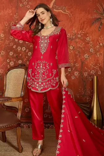 Fuchsia pink embroidered silk blend 3-piece suit set