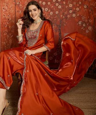 Rust embroidered silk blend 3-piece suit set 5