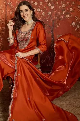 Rust embroidered silk blend 3-piece suit set