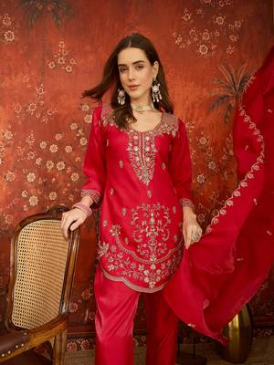 Fuchsia pink embroidered silk blend 3-piece suit set 5