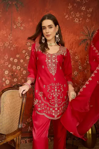 Fuchsia pink embroidered silk blend 3-piece suit set