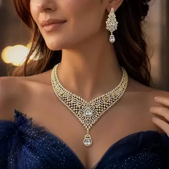 Gold Plated CZ Bridal Necklace Set, Indian Wedding Jewelry, Statement Earrings 1