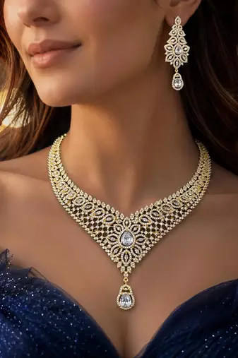 Gold Plated CZ Bridal Necklace Set, Indian Wedding Jewelry, Statement Earrings