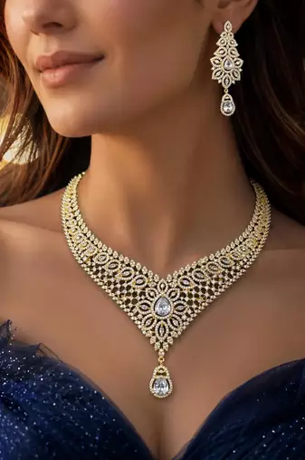 Gold Plated CZ Bridal Necklace Set, Indian Wedding Jewelry, Statement Earrings