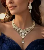 Gold Plated CZ Bridal Necklace Set, Indian Wedding Jewelry, Statement Earrings