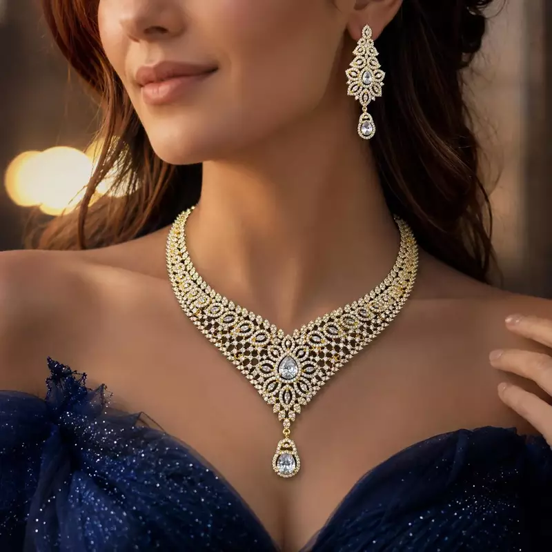 Gold Plated CZ Bridal Necklace Set, Indian Wedding Jewelry, Statement Earrings