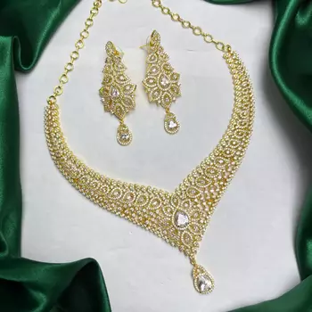 Gold Plated CZ Bridal Necklace Set, Indian Wedding Jewelry, Statement Earrings 2