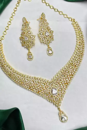 Gold Plated CZ Bridal Necklace Set, Indian Wedding Jewelry, Statement Earrings