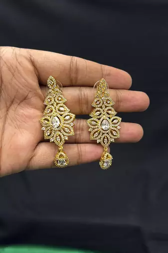 Gold Plated CZ Bridal Necklace Set, Indian Wedding Jewelry, Statement Earrings