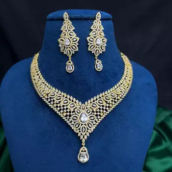 Gold Plated CZ Bridal Necklace Set, Indian Wedding Jewelry, Statement Earrings 4