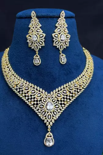 Gold Plated CZ Bridal Necklace Set, Indian Wedding Jewelry, Statement Earrings
