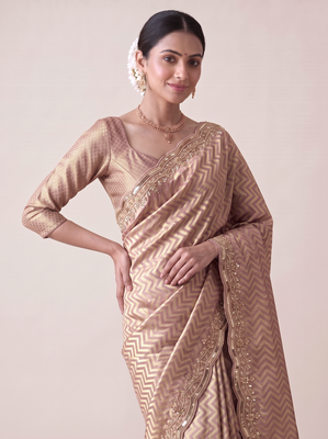 alluring embroidery work with real bits work banarasi silk blend indian designer wedding saree 4