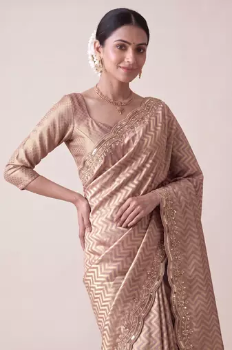 alluring embroidery work with real bits work banarasi silk blend indian designer wedding saree