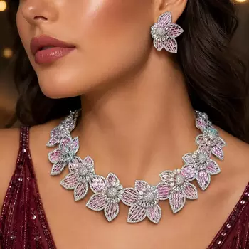Pink Floral Crystal Necklace Earrings Set, Blush Bridal Jewelry, Luxury Evening Flower Motifs 1