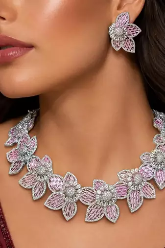 Pink Floral Crystal Necklace Earrings Set, Blush Bridal Jewelry, Luxury Evening Flower Motifs