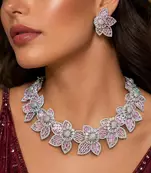 Pink Floral Crystal Necklace Earrings Set, Blush Bridal Jewelry, Luxury Evening Flower Motifs