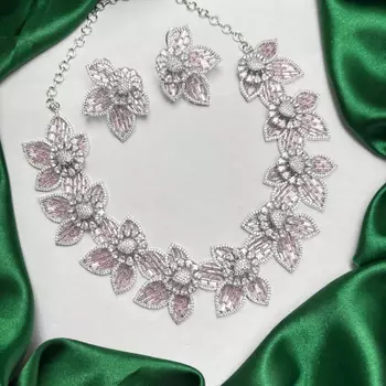 Pink Floral Crystal Necklace Earrings Set, Blush Bridal Jewelry, Luxury Evening Flower Motifs 2