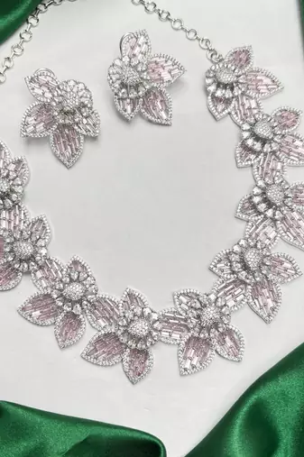 Pink Floral Crystal Necklace Earrings Set, Blush Bridal Jewelry, Luxury Evening Flower Motifs