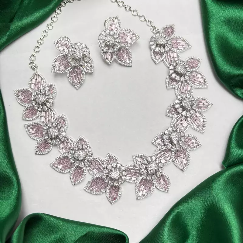 Pink Floral Crystal Necklace Earrings Set, Blush Bridal Jewelry, Luxury Evening Flower Motifs