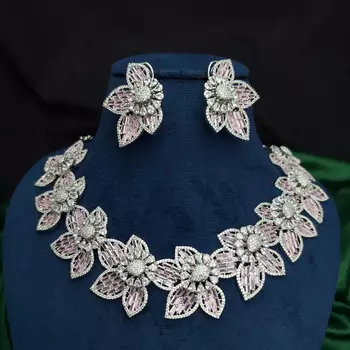 Pink Floral Crystal Necklace Earrings Set, Blush Bridal Jewelry, Luxury Evening Flower Motifs 4