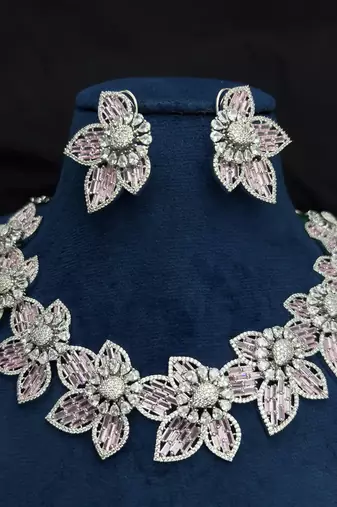 Pink Floral Crystal Necklace Earrings Set, Blush Bridal Jewelry, Luxury Evening Flower Motifs