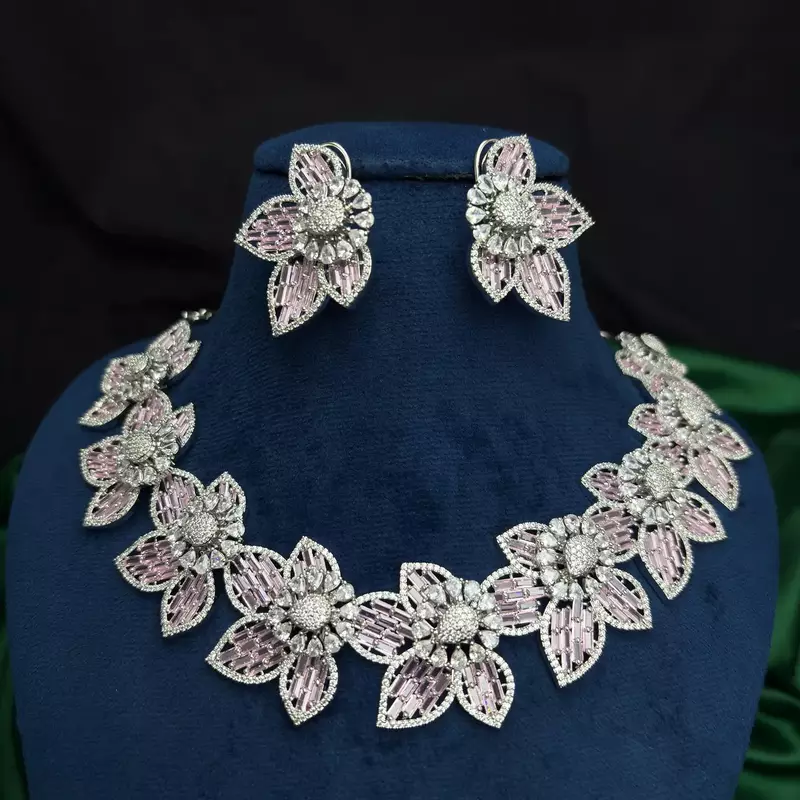 Pink Floral Crystal Necklace Earrings Set, Blush Bridal Jewelry, Luxury Evening Flower Motifs