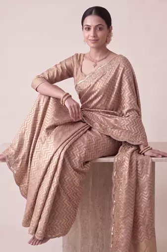 alluring embroidery work with real bits work banarasi silk blend indian designer wedding saree