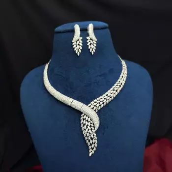 Marquise Cubic Zirconia Bridal Necklace Set, Silver Plated Choker Earrings 2