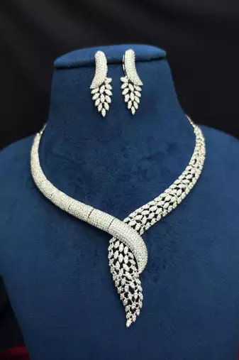 Marquise Cubic Zirconia Bridal Necklace Set, Silver Plated Choker Earrings