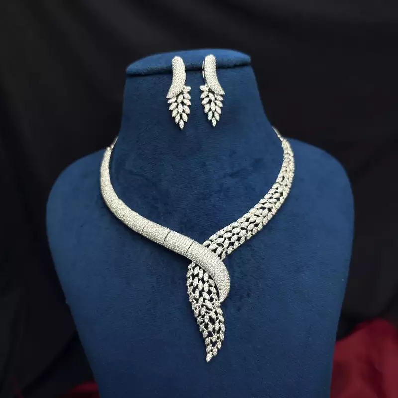 Marquise Cubic Zirconia Bridal Necklace Set, Silver Plated Choker Earrings